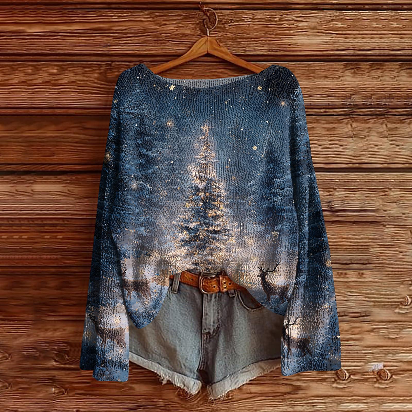 

Женский легкий свитер с рождественским принтом, повседневный вязаный пуловер с длинным рукавом S синий