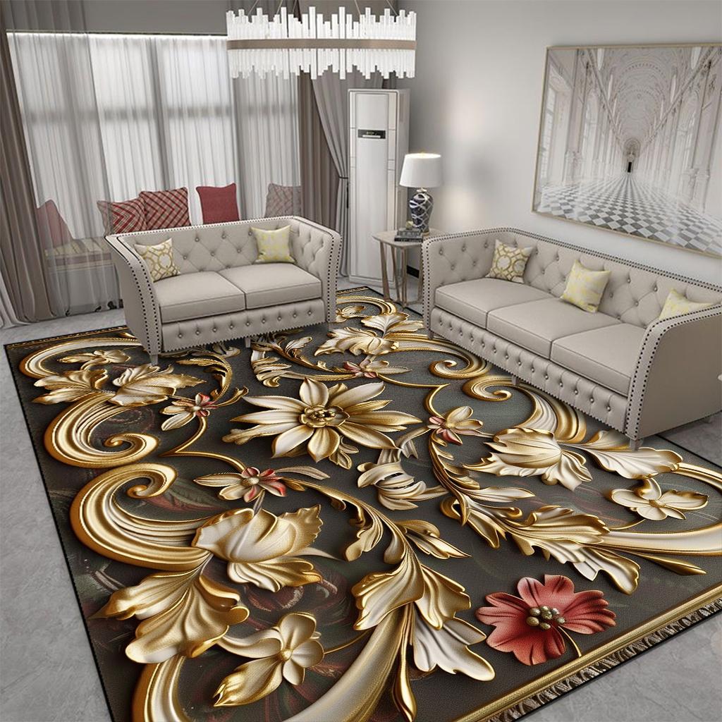 Luxury Golden Flower Carpet for Living Room Advanced European Decoration Bedroom Bedside Area Rug Washable Coffee Tables Mat