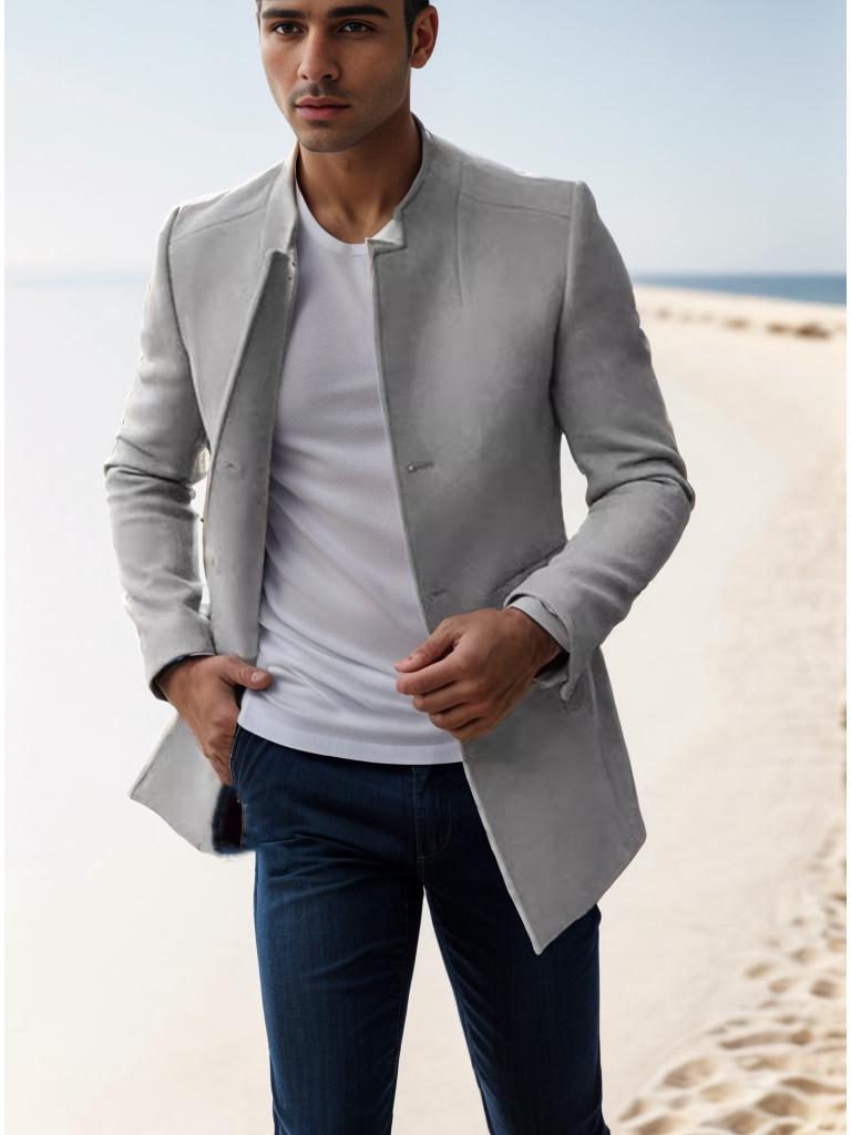 European Size Men's Spring/Fall Slim Fit Woolen Coat - Solid Color Youth Suit