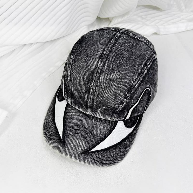 Fashion Hat American Washed Denim Double Blade Heavy Industry Embroidery Flame Baseball Cap Men's and Women's Hip Hop Big Head Circumference Wide Brim