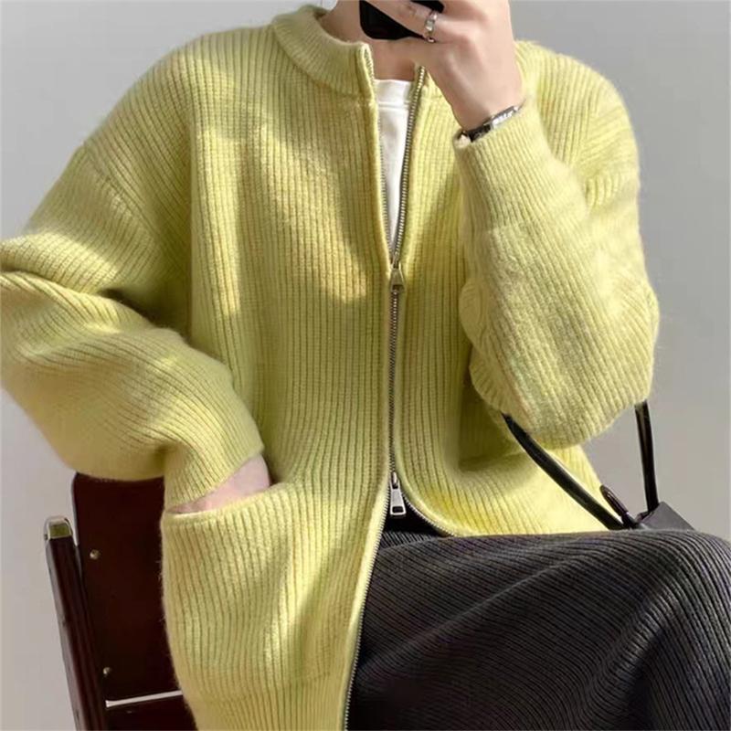 Jednobarevný svetr s dvojitým zipem Cardigan Dámská volná ležérní pletená bunda