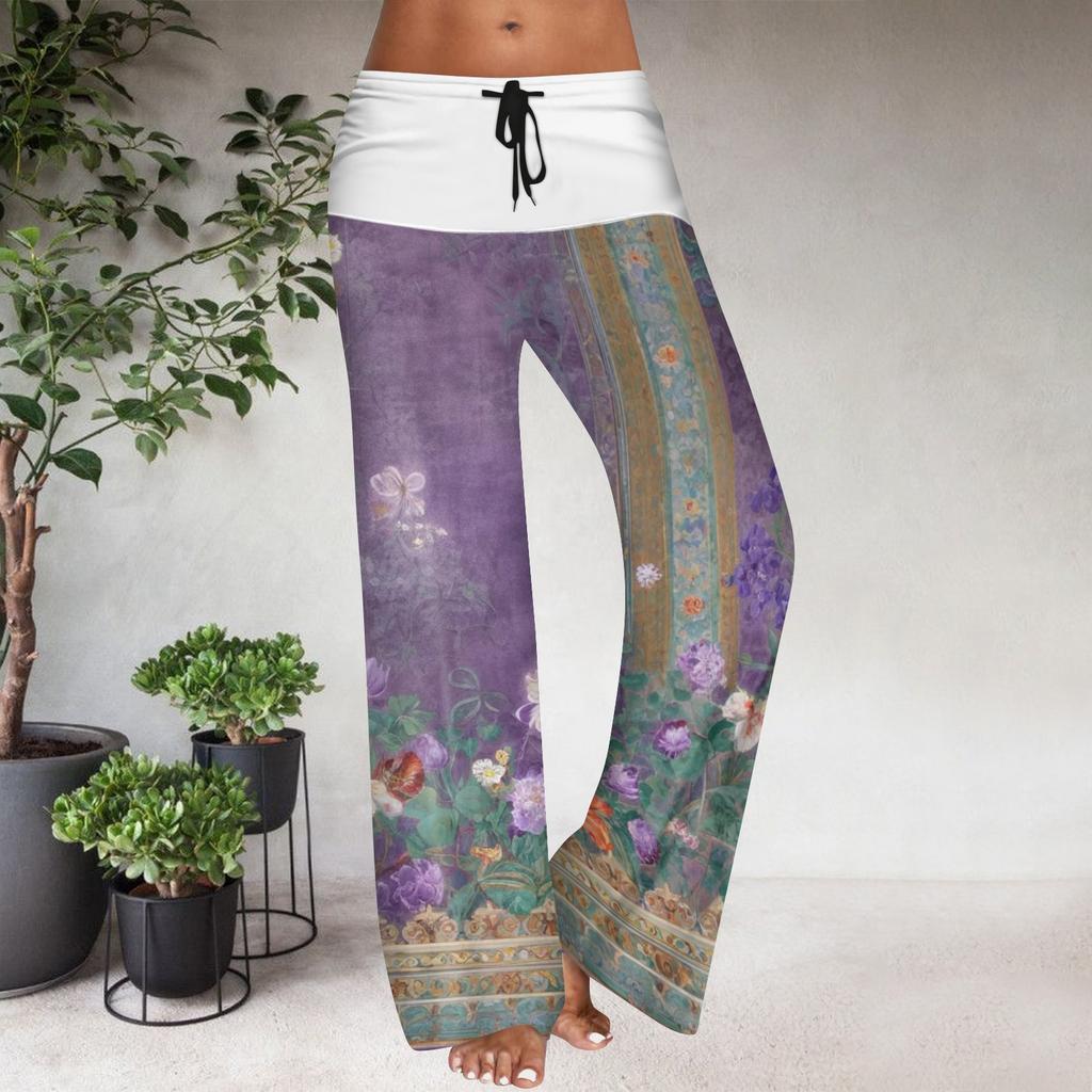 Women's Drawstring Elastic Waistband Wide Leg Color Matching Floral Printed Casual Pants