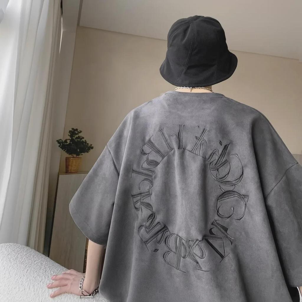 Men's Trendy Oversized Gray Suede T-Shirt, Short-Sleeve, Round Neck, Niche Heavyweight Design