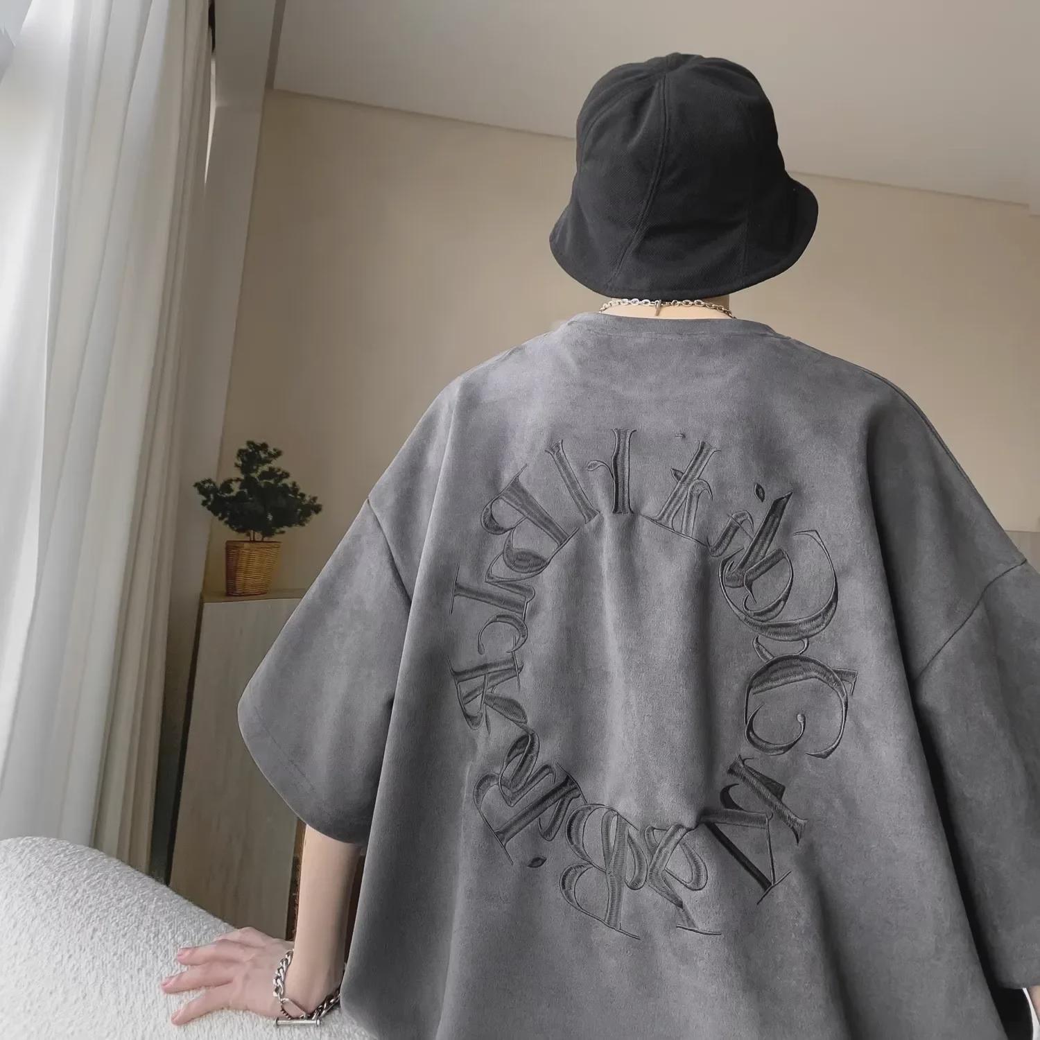 

Мужская модная футболка свободного покроя из серой замши, с коротким рукавом, круглым вырезом, нишевый дизайн Heavyweight XL серый