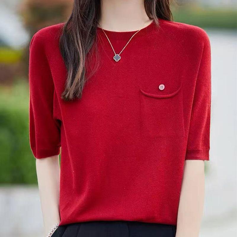 New Summer Thin Knitted Sweater Short-sleeved Women's Round-neck Loose Pocket Top