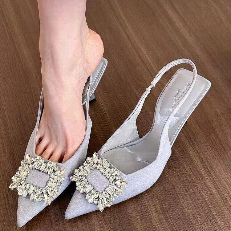 Summer gentle temperament thin heels high heels women go out baotou rhinestone single shoes solid color pointed toe sandals