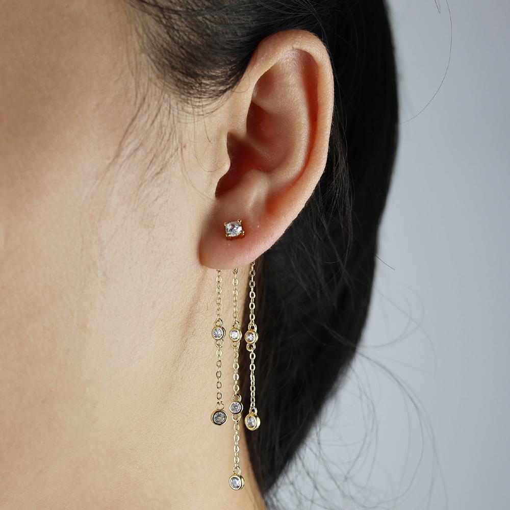 18K Gold Plated 925 Sterling Silver Fashion Women Jewelry Micro Pave 5A Tiny Round CZ Triple Tassel Chain Earring