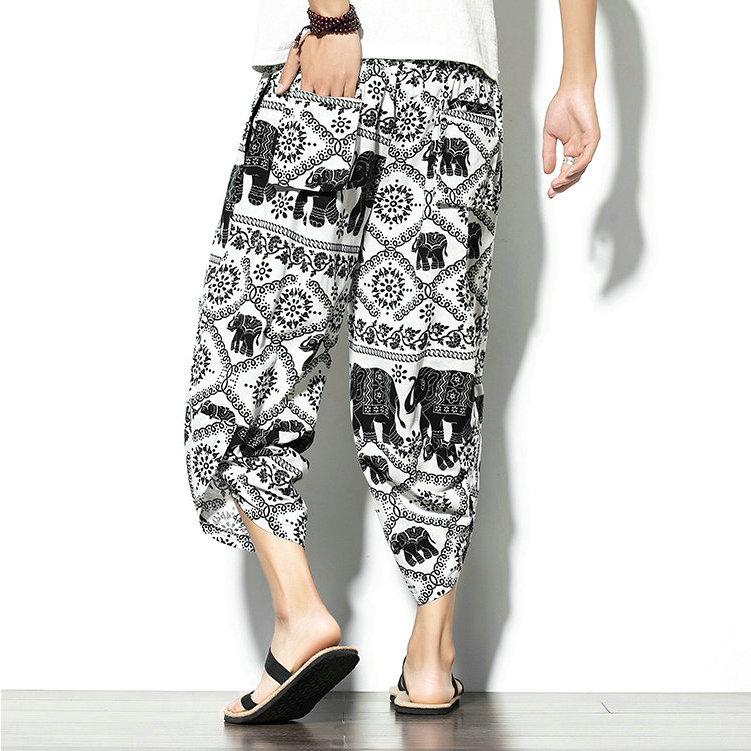 Harajuku Lässige Haremshosen mit weitem Bein für Männer 2024 Sommer Baumwolle Strand Baggy Pants Chinesischer Stil Prinitng Wadenlange Hose