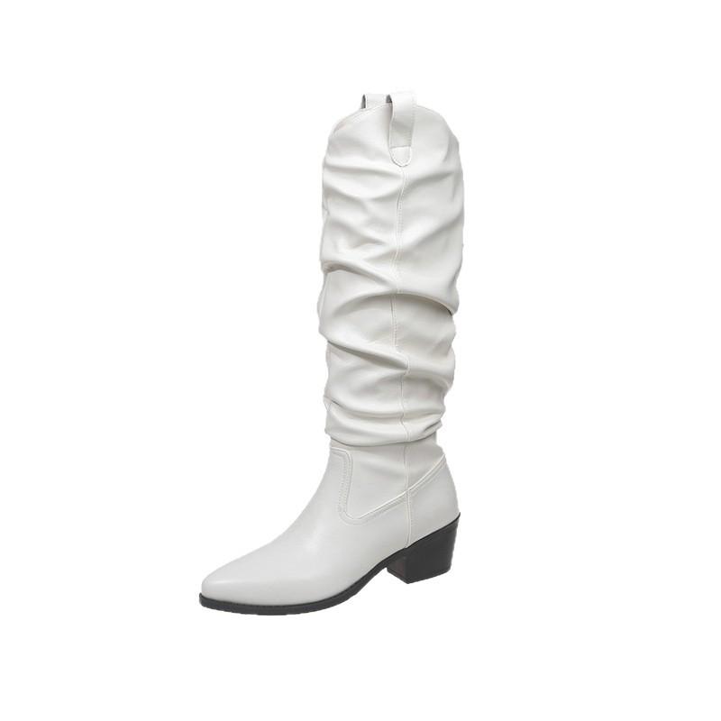 V-mouth boots women's 2025 autumn new pleated piled boots pointed thick heel but knee high knight boots