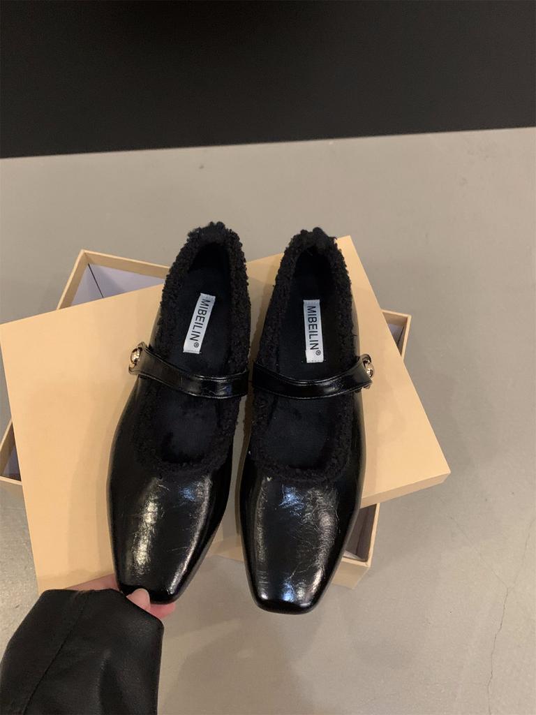 Flat Autumn and Winter Plush Cotton Shoes Single Shoes Women's Shoes 2025 New Square Head Black Mary Jane Evening Shoes
