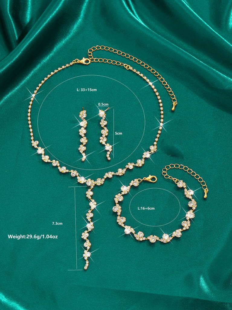 4 Pieces of Women's European and American Fashion Zircon Set, Rhinestone Necklace, Bracelet, Earrings, Bride's Wedding Dress Ac
