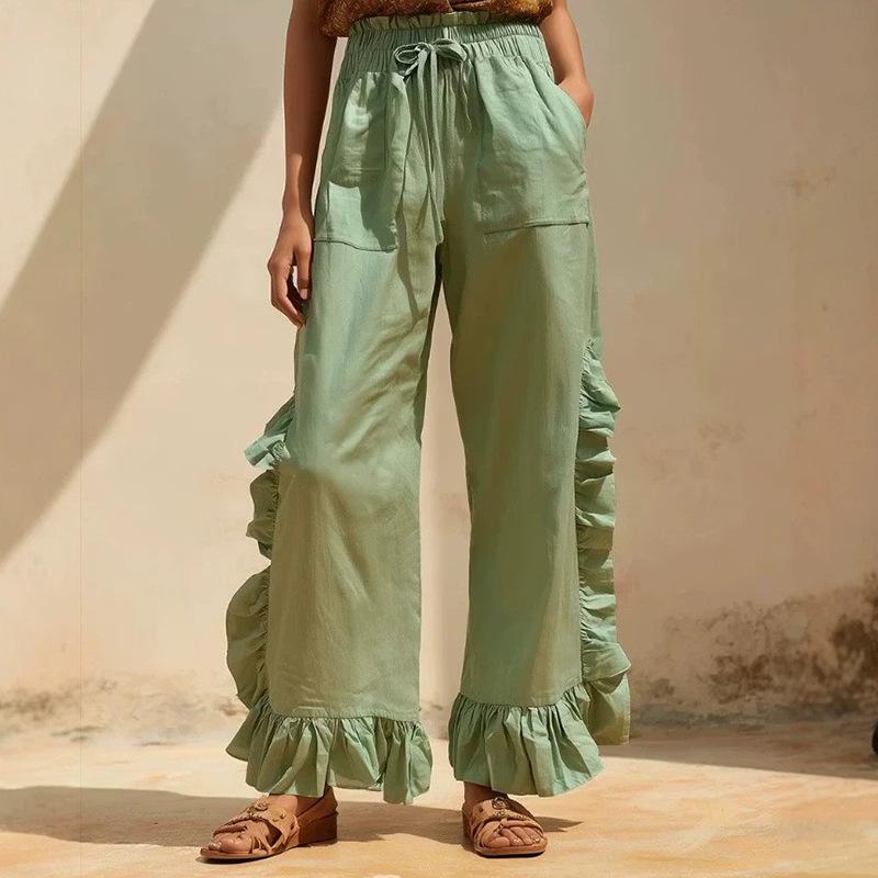 Women Fashion Ruffled Patchwork Versatile Casual Loose Wide Leg Pants