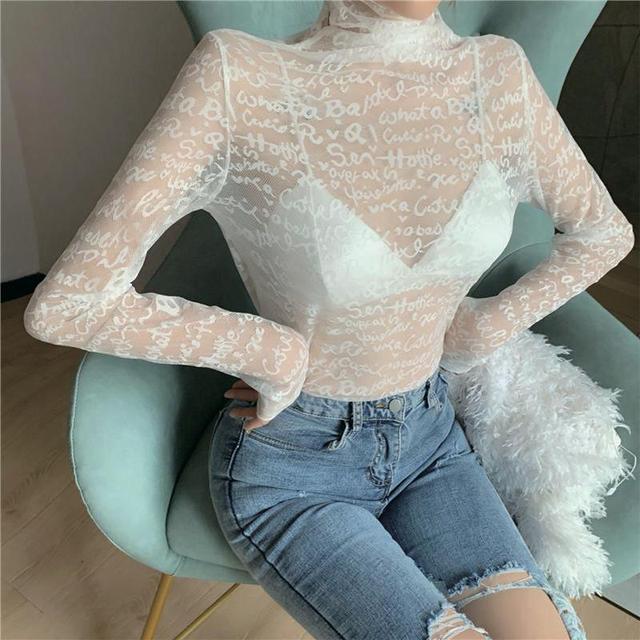 

Корейская сетчатая кружевная футболка с длинным рукавом, облегающая рубашка с длинными рукавами, топ с воротником для женщин L белый