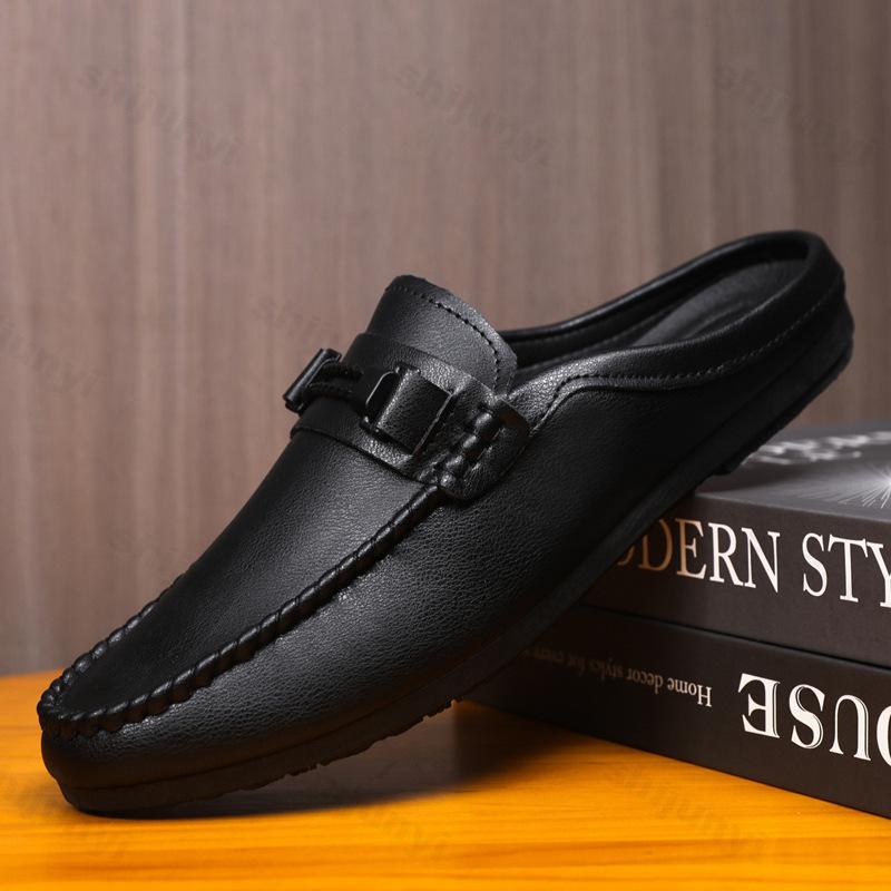 Fashion Men Half Slippers 2025 Summer Breathable Mens Casual Shoes Comfortable Walking Loafers Moccasins PU Leather Men Fashion Slippers