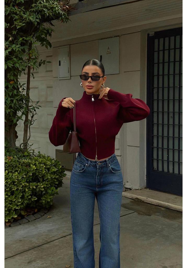 European & American Style Knit Zipper Cardigan: Women's Half-high Collar, Loose Long Sleeve, Cropped Soft Fluffy Sweater.