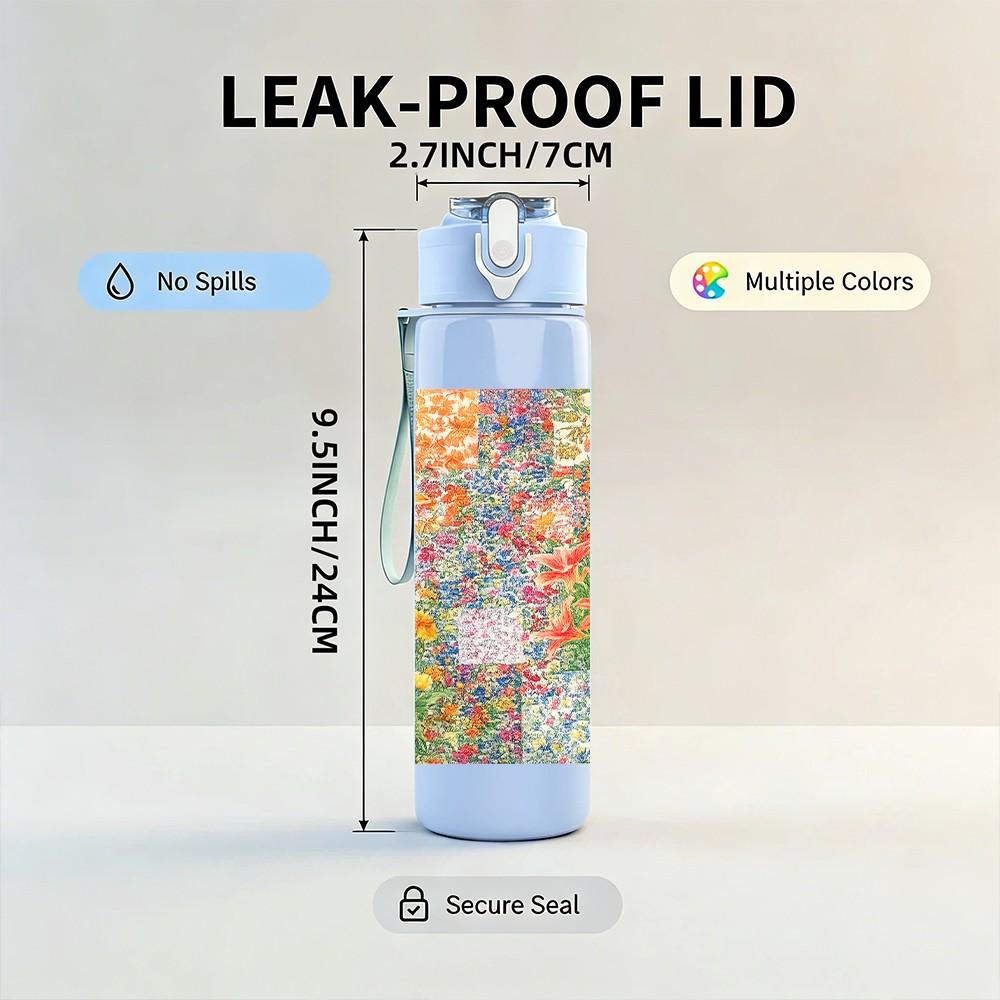 1PC Watercolor Floral Patch 750ml Color Plastic Sports Water Bottle Leakproof Flip Straw Lid Suitable for Sports Office Home Use