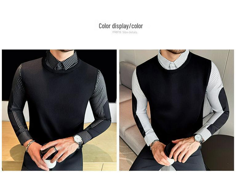 2025 Men's Winter Plus Velvet Warm Sweater Slim Fit Business Trendy Two-Piece Layer Shirt