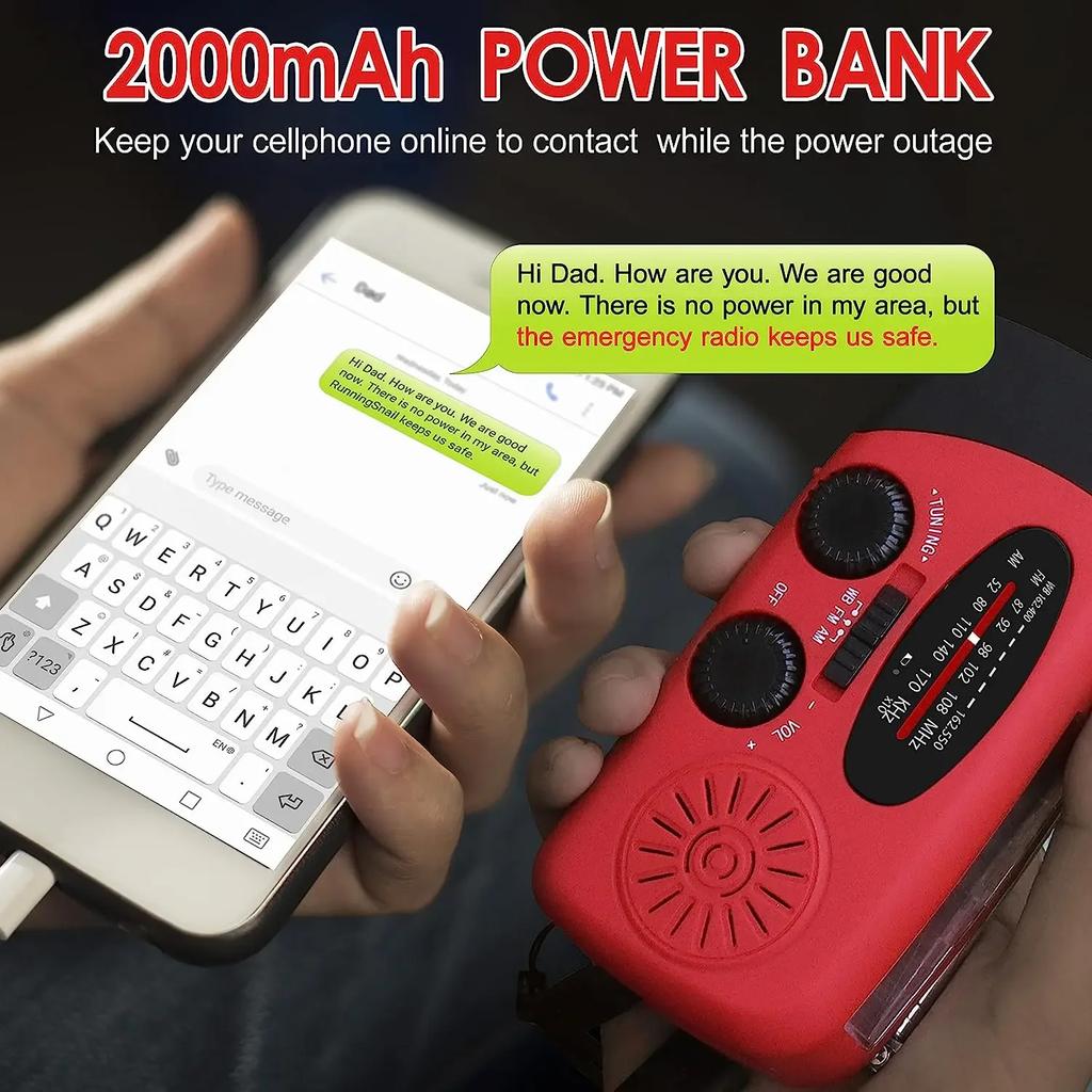 Multifunctional Solar Hand Crank Radio FM AM WB NOAA Weather Radio 2000mAh USB Charging Emergency LED Flashlight Power Ban