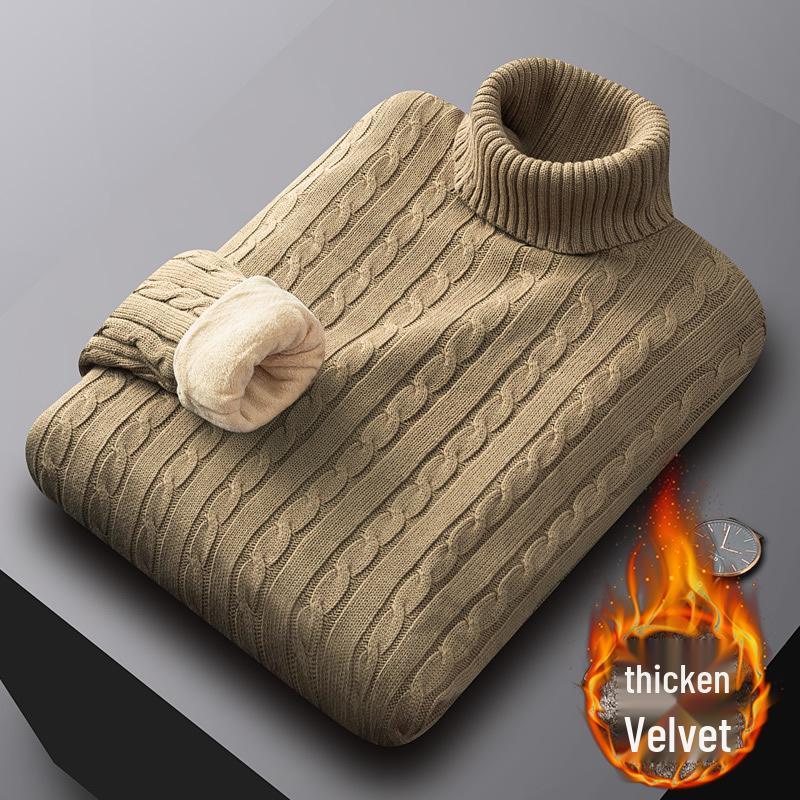 Men's Luxury All-Cotton Knitted Pullover - Thick, Solid Color, Velvet-Lined Cable Knit for Autumn and Winter