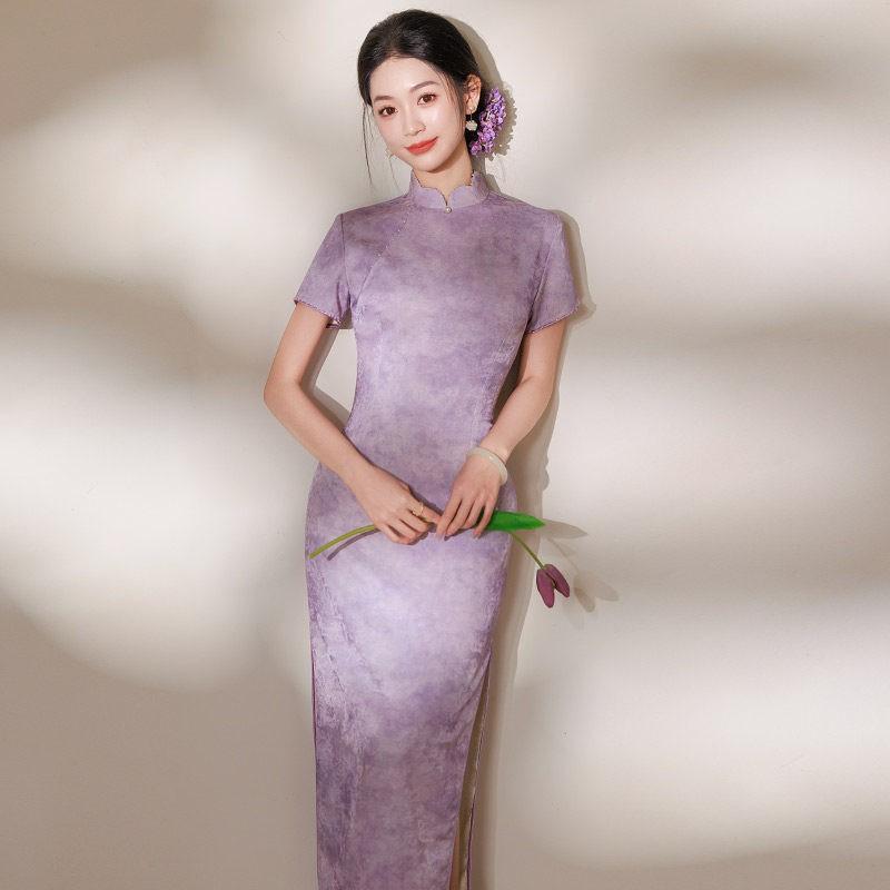 Purple Modern Chinese-Inspired Long Cheongsam Dress Women 2026 Retro Elegant Formal Gown With Stand Collar Side
