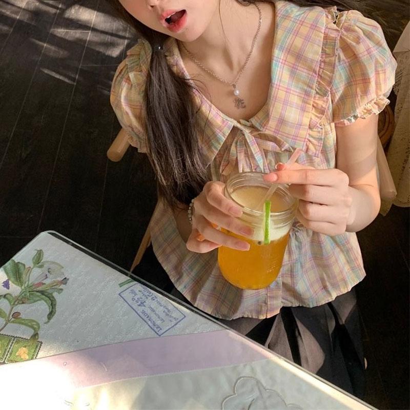 Summer Sweet Color Plaid Blouse Vintage Doll Collar Fashion Drawstring Women's Clothing Thin Casual Loose Single-breasted Shirt