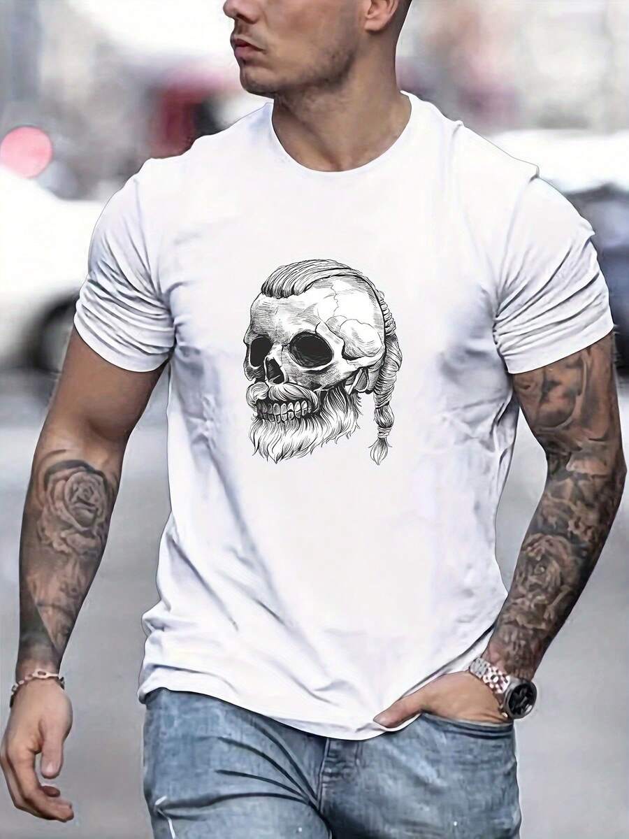 

Viking Skull Print Unisex T-Shirt, Casual Short Sleeve T-Shirt Summer S