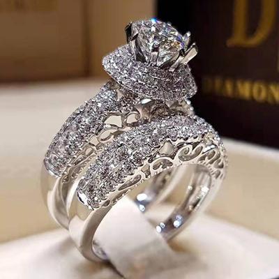 2Pcs/Set Fashion Silver Color Rhinestone Zircon Rings For Women Full Crystal Rings Wedding Engagement  Anniversary Gifts