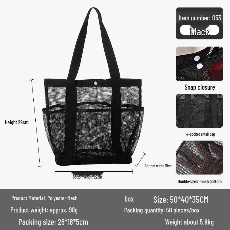 Sac de Plage Portable en Maille Multipoches Organisateur de Plage à Main en Polyester