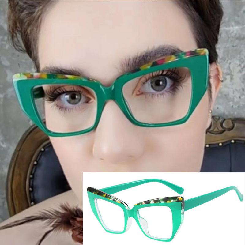 Fashionable Green Cat-Eye Reading Glasses Women Colorful Large Frame Computer Use Eyeglasses Blue Light Filteringweight Prescription Glasses Plus +3