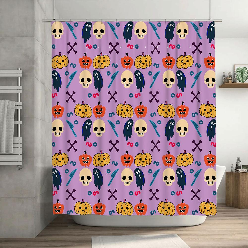 Halloween-themed shower curtain featuring pumpkin skulls, ghosts bats waterproof fabric backdrop for bathroom decor