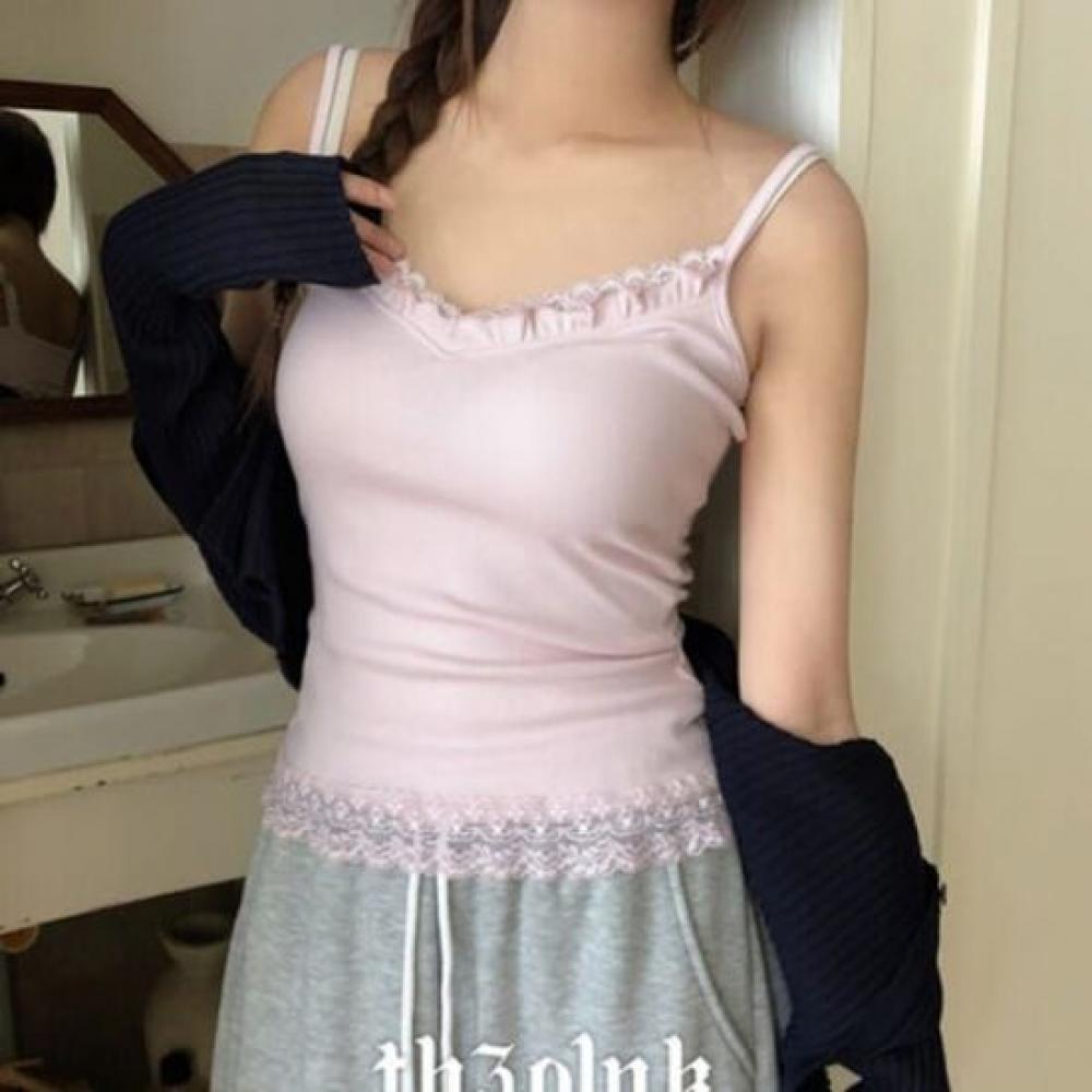 The Pink Women Hire Slim Fit Frill Lace Camisole