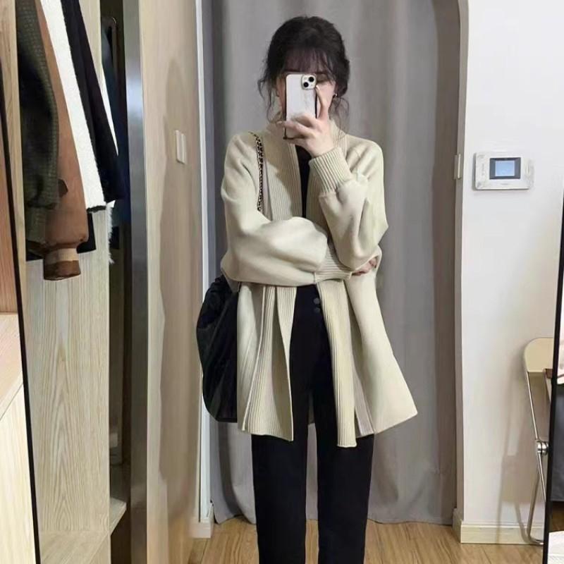 Medium To Long Knitted Sweater Jacket for Women In Winter New Thick Loose Lazy Style Cardigan for Outdoor Wear