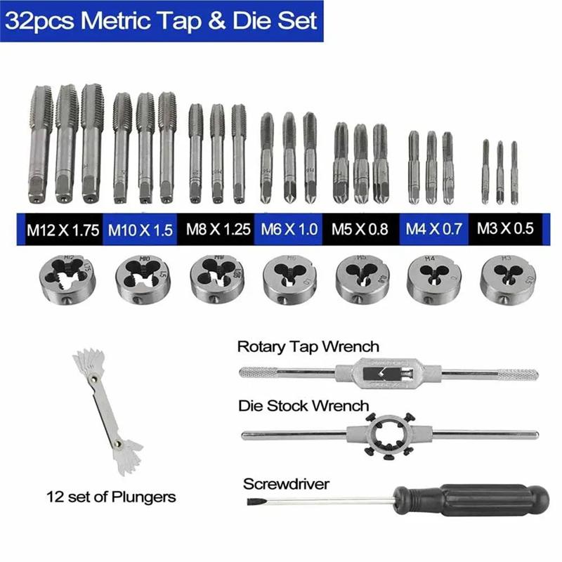 HHO-Taper Plug M3 M4 M5 M6 M8 M10 M12 32Pcs/Set Metric Tap Die Set M3-M12 Thread Wrench Nut Bolt Screw Repair Tools Kit