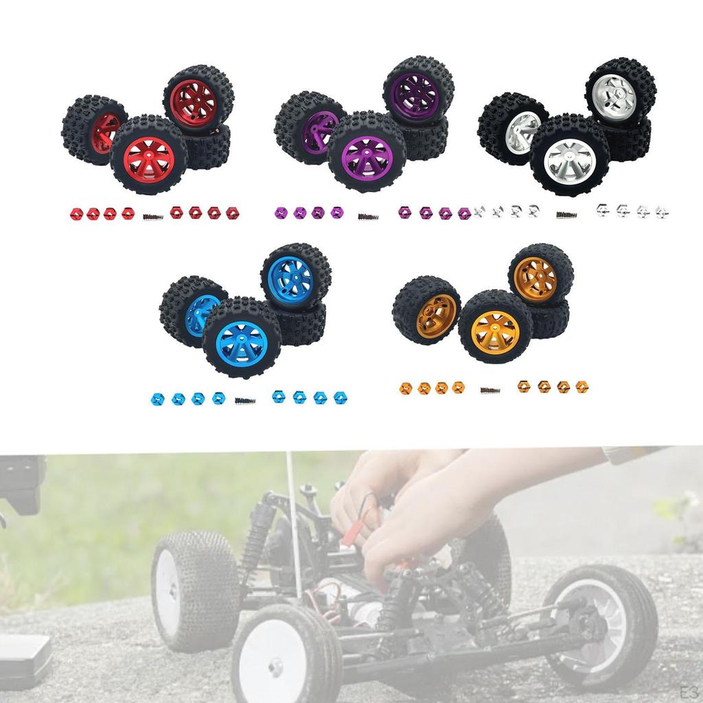 4 Pieces RC Car Wheels and Tires, Crawler Rubber Tyres with 8 Hex Wheel Hubs for 1/12