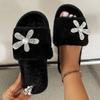 Fashion Crystal Flower Women's Fluffy Slippers Autumn Winter Open Toe Plush Home Slides Women Non Slip Indoor Bedroom Cotton Shoes Woman