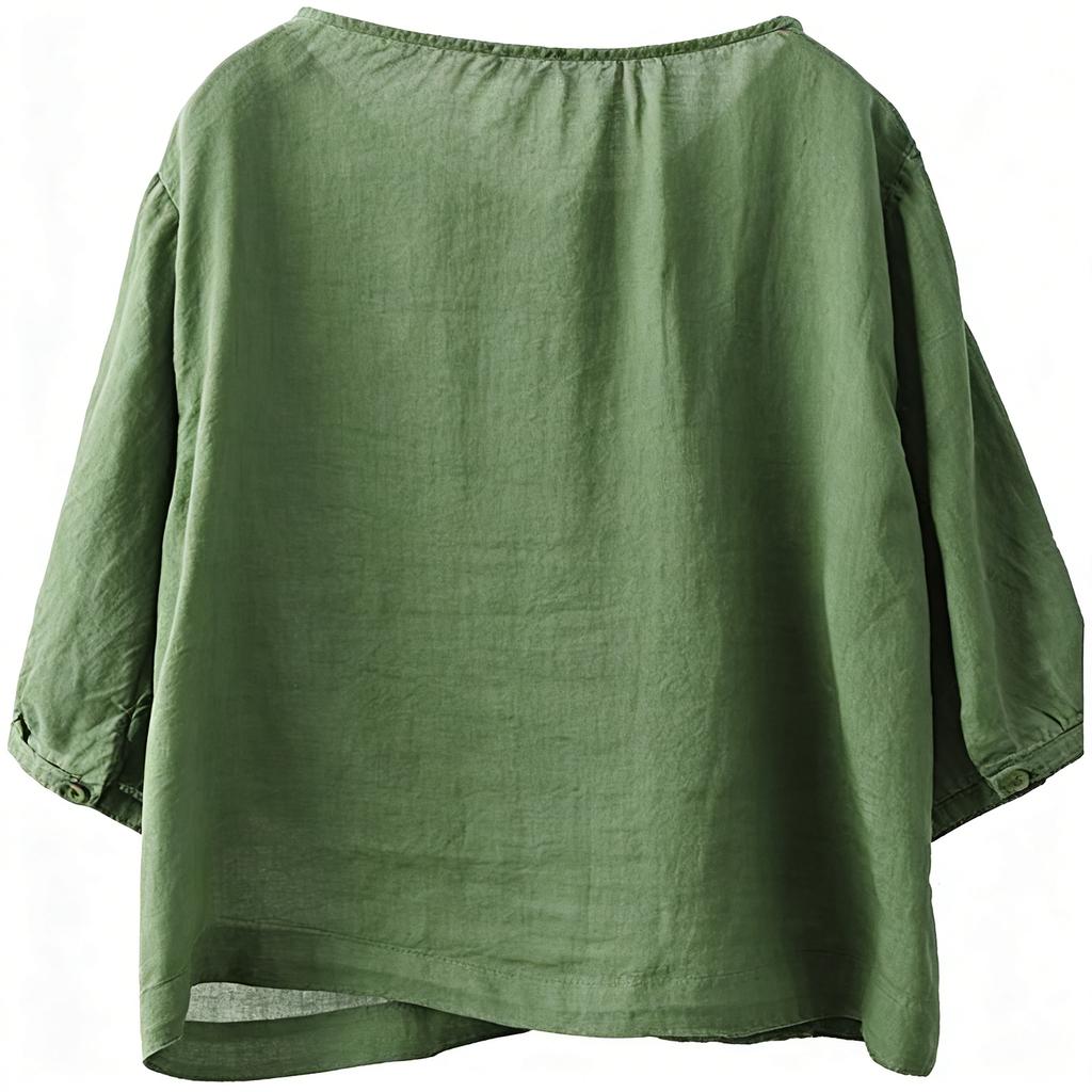 Damen Retro 3/4 Ärmel Vielseitige einreihige Leinen-Baumwoll-Bluse Lässiges lockeres Oberteil