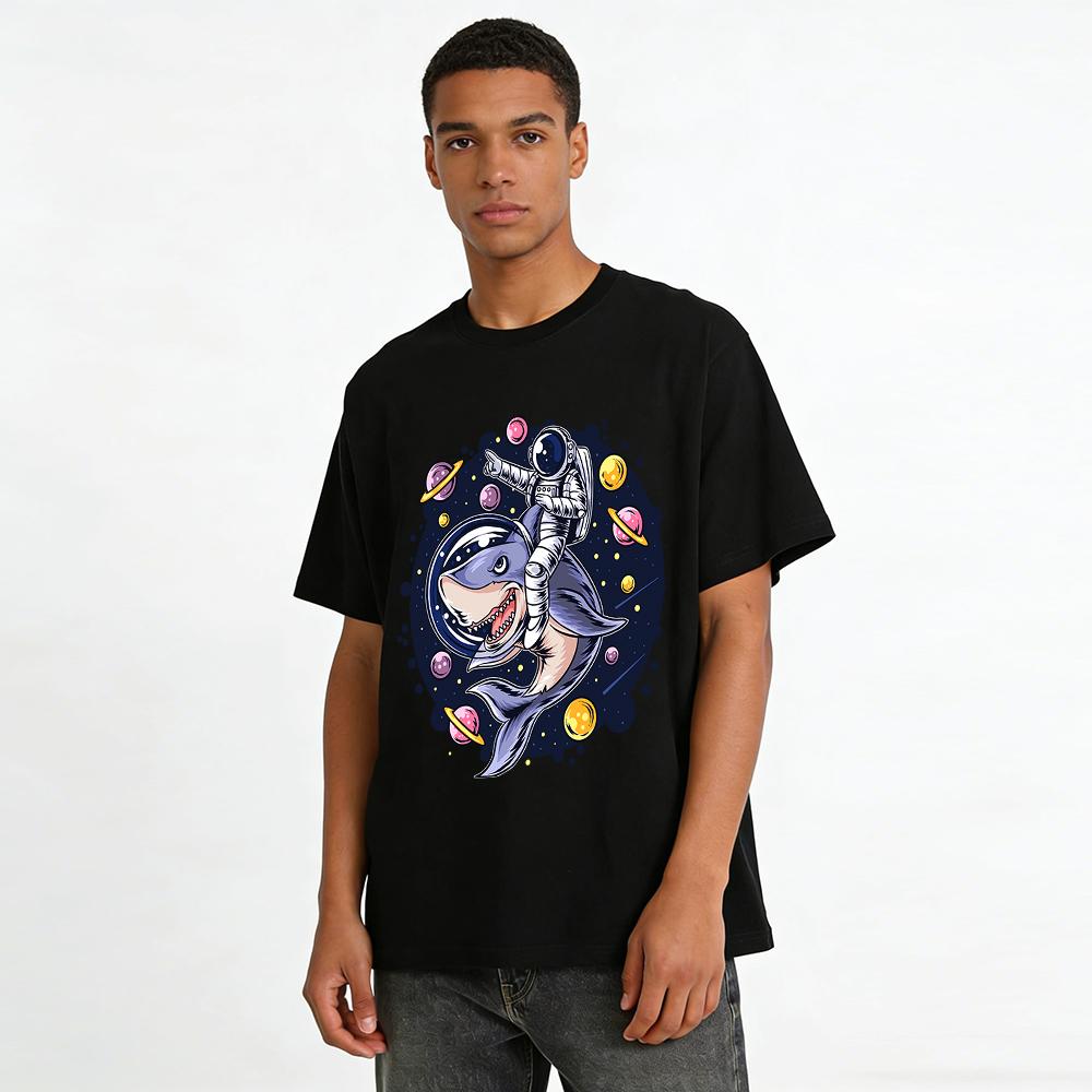 Astronaut Riding Space Shark Graphic Cool Casual Tee Shirt Pure cotton T-shirt