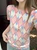 Pink round neck front shoulder knitted ice silk short-sleeved t-shirt women's summer new slim-fit niche design top