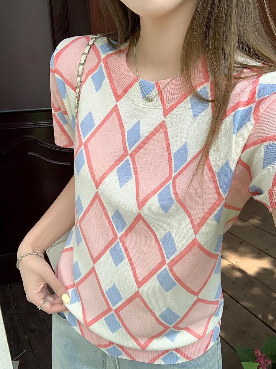 

Pink round neck front shoulder knitted ice silk short-sleeved t-shirt women s summer new slim-fit niche design top S светло-розовый