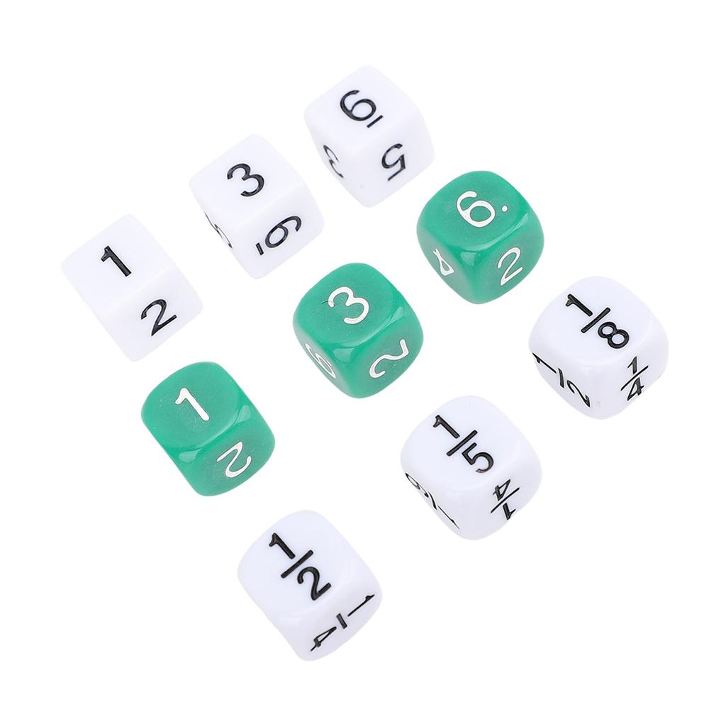 30 SZTUK 6-ŚCIENNYCH KOSTEK Z NUMERAMI PLASTIKOWYCH BIAŁO-ZIELONYCH 16MM ZESTAW KOSTEK UŁAMKOWYCH DO GIER PLANSZOWYCH NAUKI MATEMATYKI
