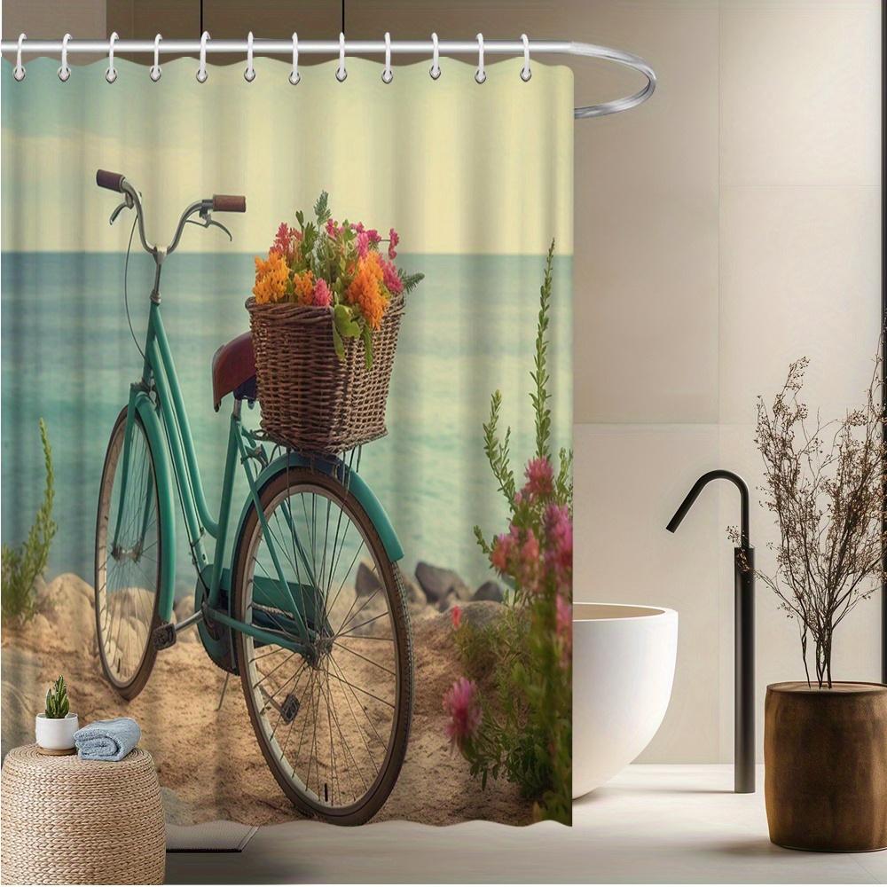 Coastal Bicycle Shower Curtain, Vintage Bike & Ocean Scene, Fade-Resistant Polyester, Machine Washable, Bath Decor