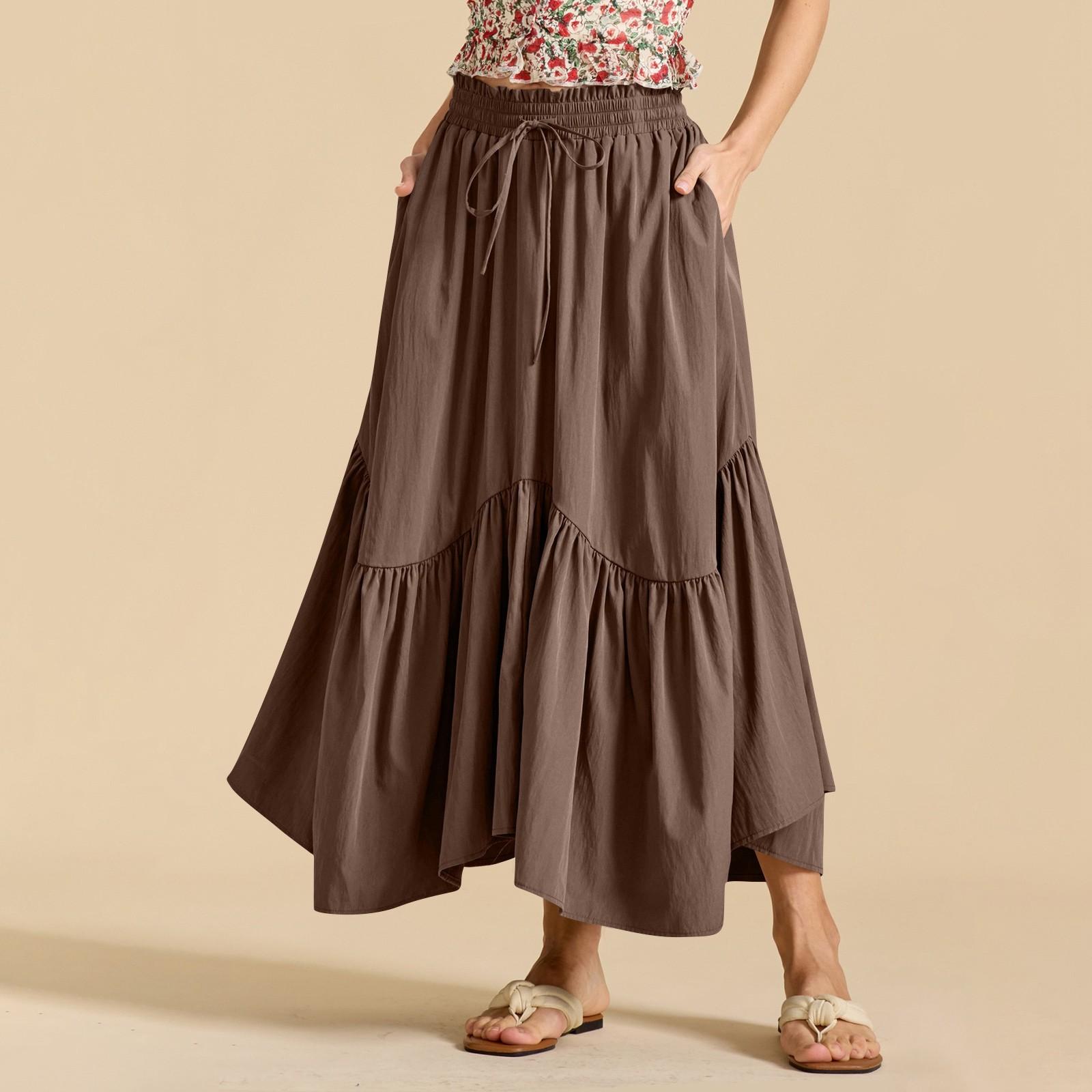 

Women s Fashion Color High Waist Drawstring Elastic Waist Large Swing Skirt Pocket Retro Half Length Skirt S