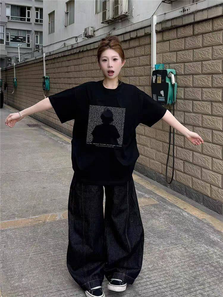 American high street pure cotton black short-sleeved t-shirt women's new summer loose large size fat mm half-sleeved design top