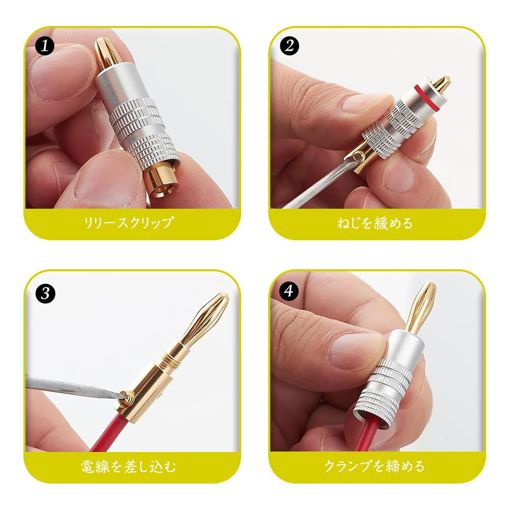 Banana 24k Gold Easy Convenient to for Audio Speakers and Amplifiers Red Plugs, Plated, Installation, Use, (3 Pairs + Black)