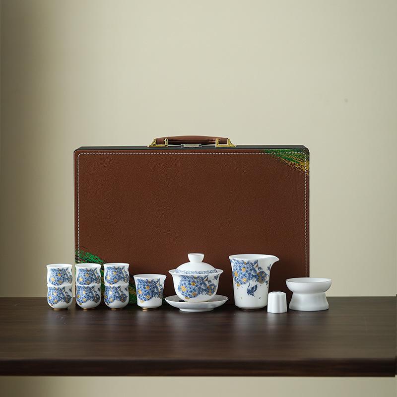 Ice Jade Mutton Fat Jade White Porcelain Tea Set with Enamel Painted Hydrangea and Sancai Gaiwan