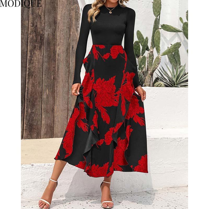 MODIQUE 2025 Spring New Women's Casual Vintage Floral Printing Patchwork Long Dress Ladies A-Line Long Sleeve O-Neck Dress