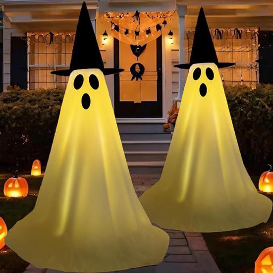 55" Solar Ghost Light for Halloween Outdoor Decoration Waterproof Light Up Standing White Ghost with Witch Hat