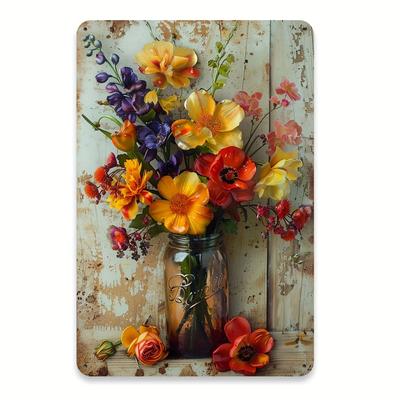 Room Decor A Bouquet of Nostalgic Flowers In Glass Jars And Metal Plaques, Rustic Wall Art Iron Posters, Creative Home And Ga
