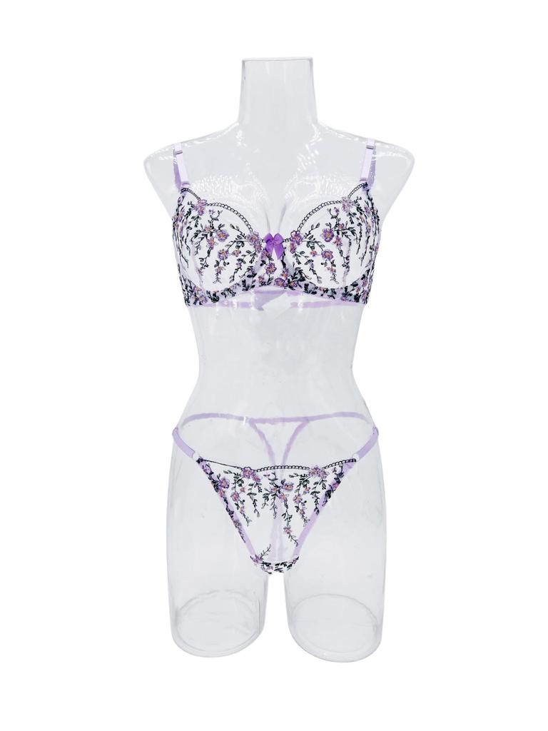 Floral Embroidered See-Through Lingerie Set with Sexy Gathering Bra for Women