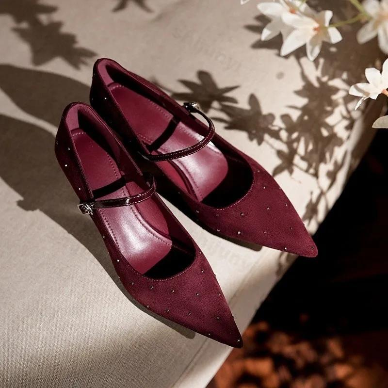Fashion 2025 New Spring Women Pumps Fashion Sexy Black Red Shiny Pumps Women Buckle Pointed Toe High Heels Party Shoes Zapatos De Mujer
